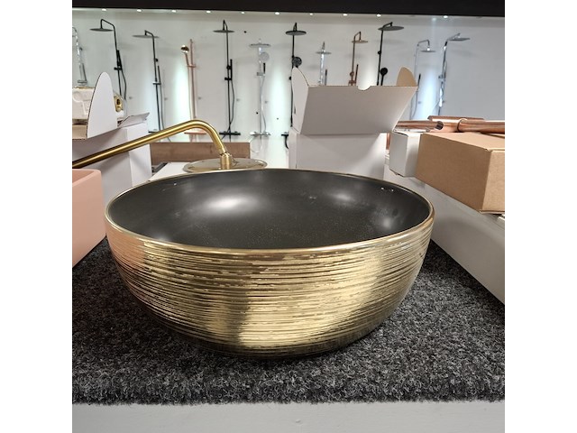 Waskom, sanisplash, rondo, mat zwart/goud geborsteld - afbeelding 2 van  4