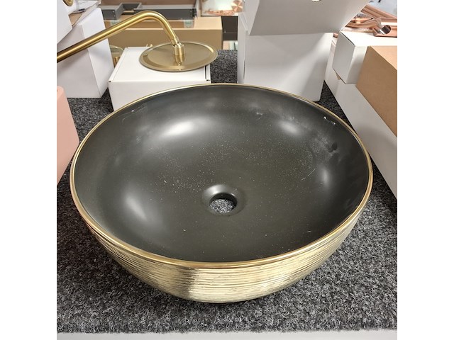 Waskom, sanisplash, rondo, mat zwart/goud geborsteld - afbeelding 4 van  4