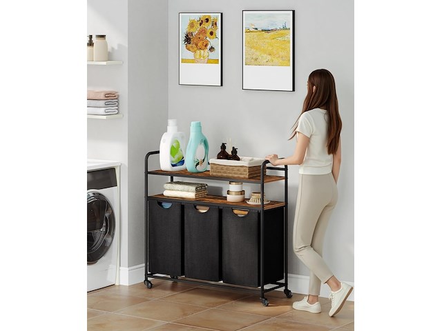 Wasmandmeubel met 3 46 liter zakken hzuaneri, zwart/antraciet - afbeelding 2 van  4