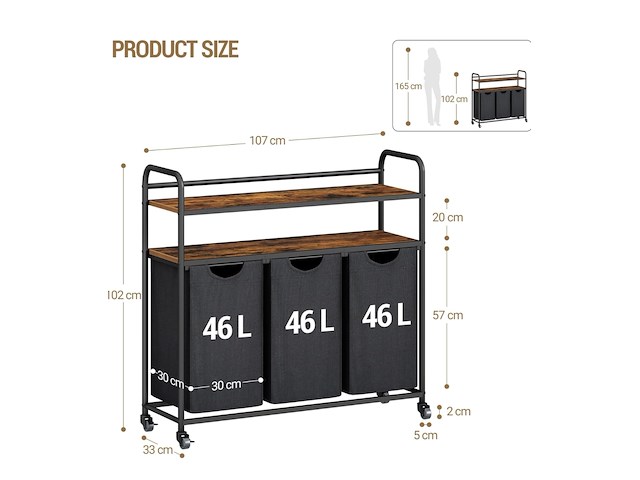 Wasmandmeubel met 3 46 liter zakken hzuaneri, zwart/antraciet - afbeelding 3 van  4