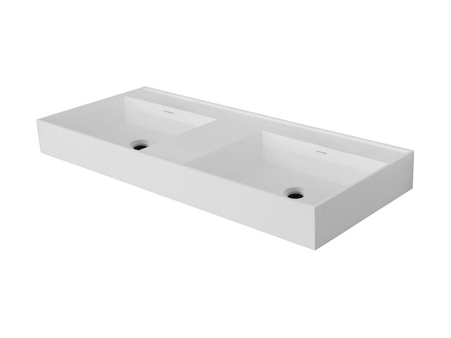 Wastafel met 2 wasbakken zonder kraangaten, wonda square, wd 120, mat wit - afbeelding 1 van  6