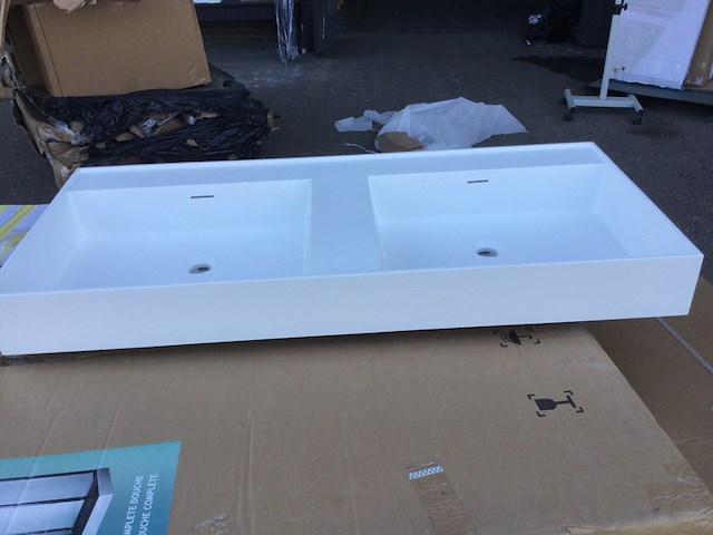 Wastafel met 2 wasbakken zonder kraangaten, wonda square, wd 120, mat wit - afbeelding 4 van  6