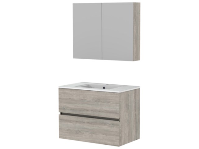 Wastafelmeubel 2 lades + spiegelkast + wasbak, allibert, donna, hout decor - afbeelding 1 van  3
