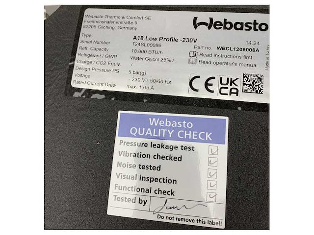 Webasto a18 18000 btu low profile air handler - 230v - 50/60hz - wbcl1209008a - afbeelding 5 van  6