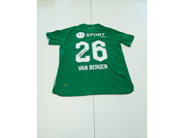 Wedstrijd gedragen thom van bergen shirt - fc groningen robey, groen/wit, gesigneerd, l - afbeelding 1 van  2