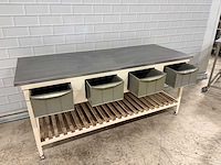 Werktafel met rvs blad en 4 lades en houtenrooster onderschap - afbeelding 2 van  7