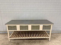 Werktafel met rvs blad en 4 lades en houtenrooster onderschap - afbeelding 7 van  7