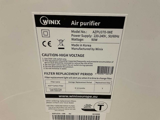 Winix azpu370-iwe luchtreiniger - afbeelding 3 van  3