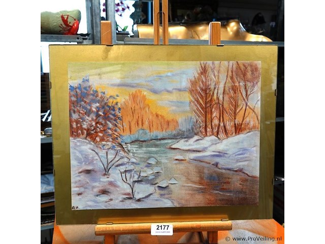 Wintertafereel in passe-partout en achter glas - afbeelding 1 van  5