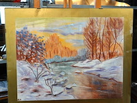 Wintertafereel in passe-partout en achter glas - afbeelding 1 van  5