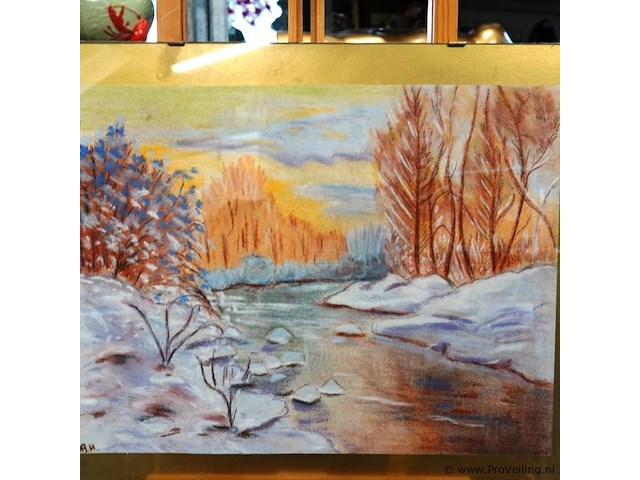Wintertafereel in passe-partout en achter glas - afbeelding 2 van  5