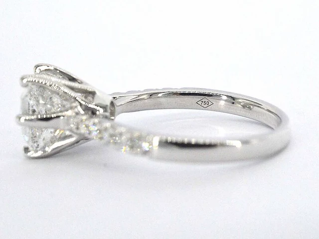 Witgouden 18 carat ring met een grote natuurlijke briljant geslepen diamant van 3.00 carat en briljanten - afbeelding 5 van  7