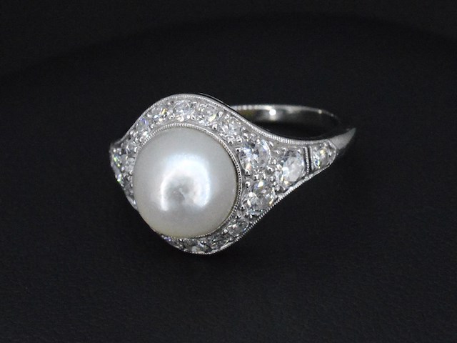 Witgouden art-deco ring met diamanten en orient parel - afbeelding 1 van  6