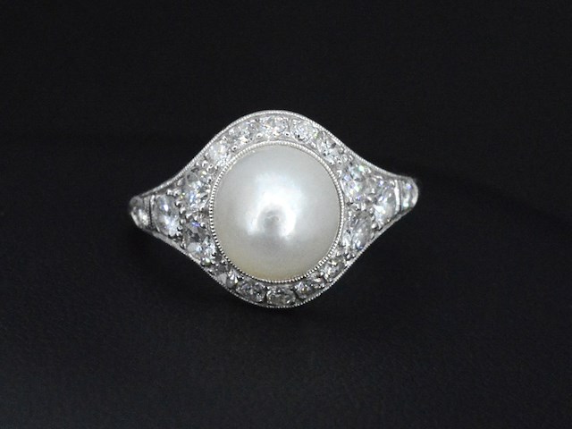 Witgouden art-deco ring met diamanten en orient parel - afbeelding 4 van  6
