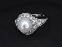 Witgouden art-deco ring met diamanten en orient parel - afbeelding 1 van  6