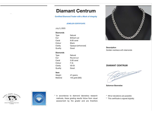 Witgouden collier diamant zwart/wit 14.00 ct - afbeelding 8 van  8