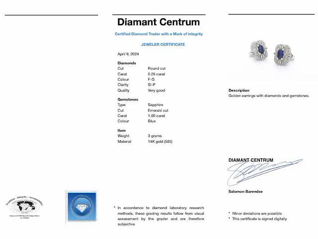 Witgouden design oorbellen diamant saffier - afbeelding 8 van  8