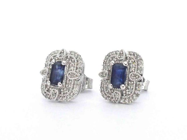 Witgouden design oorbellen met natuurlijke diamanten en saffier - afbeelding 3 van  7