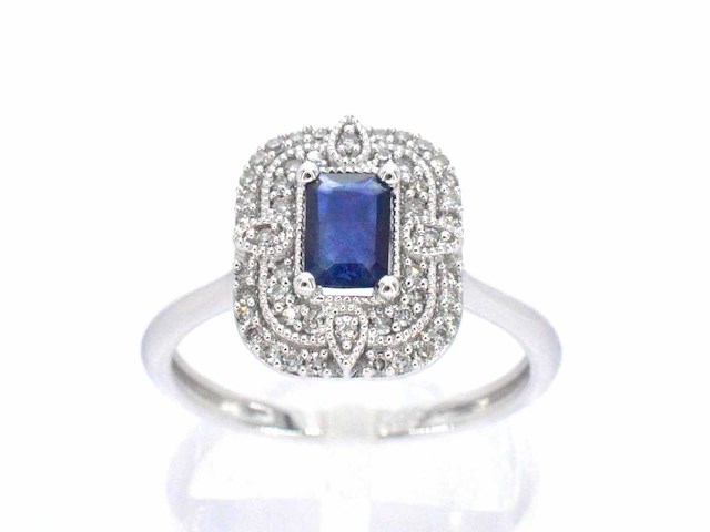 Witgouden design ring met een saffier en diamanten - afbeelding 1 van  10
