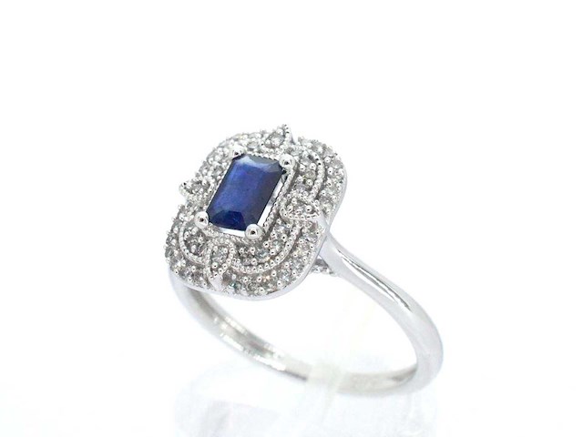 Witgouden design ring met een saffier en diamanten - afbeelding 5 van  10