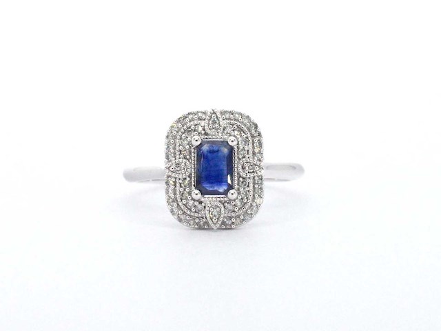 Witgouden design ring met een saffier en diamanten - afbeelding 8 van  10