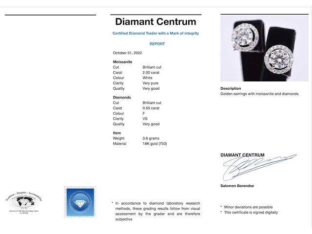 Witgouden diamanten entourage oorbellen met twee gemaakte briljanten centraal van 2.00 carat totaal - afbeelding 3 van  8