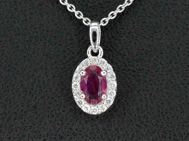 Witgouden entourage hanger met diamanten en robijn, excl. ketting - afbeelding 1 van  6