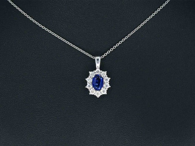 Witgouden entourage hanger met diamanten en saffier, excl. ketting - afbeelding 2 van  9