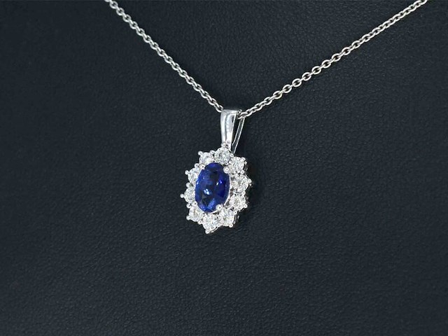 Witgouden entourage hanger met diamanten en saffier, excl. ketting - afbeelding 3 van  9