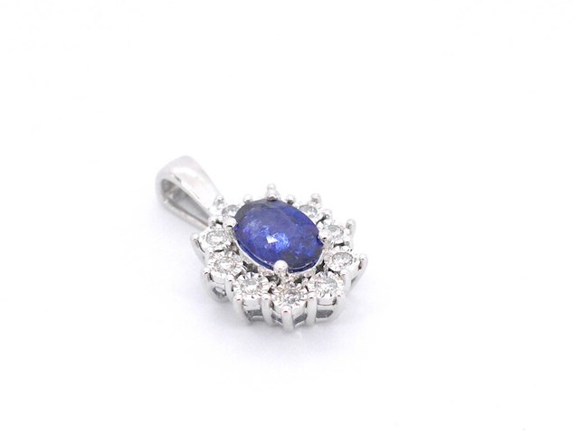 Witgouden entourage hanger met diamanten en saffier, excl. ketting - afbeelding 6 van  9