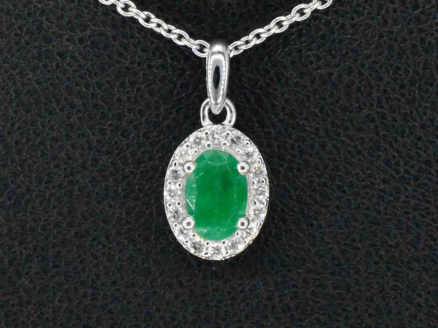 Witgouden entourage hanger met diamanten en smaragd - afbeelding 1 van  7