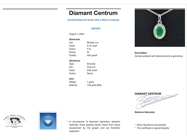 Witgouden entourage hanger met diamanten en smaragd - afbeelding 3 van  7
