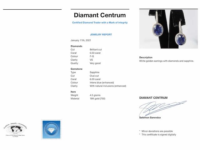 Witgouden entourage oorbellen diamant saffier - afbeelding 7 van  7