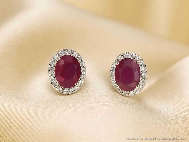 Witgouden entourage oorbellen met diamanten en robijn - afbeelding 9 van  9