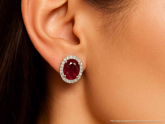 Witgouden entourage oorbellen met diamanten en robijn - afbeelding 3 van  10