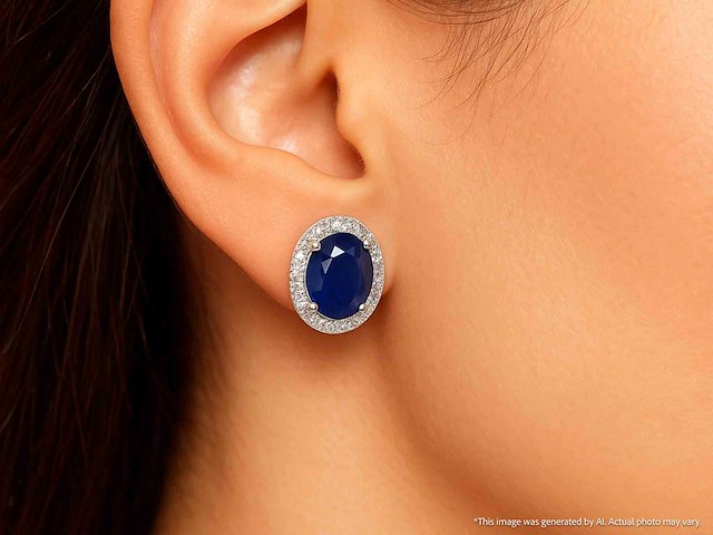 Witgouden entourage oorbellen met diamanten en saffier - afbeelding 2 van  9