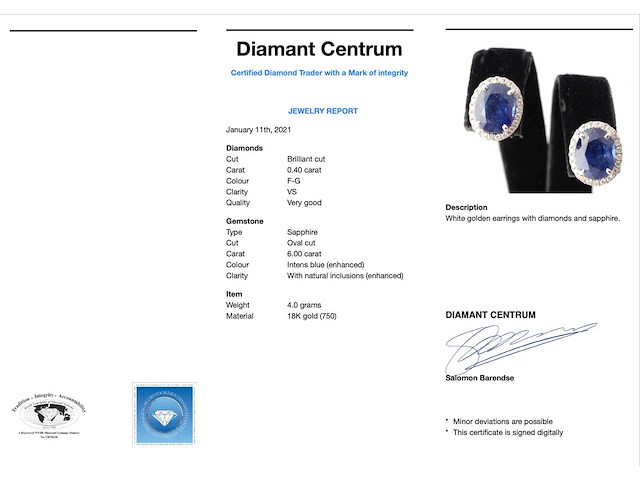 Witgouden entourage oorbellen met diamanten en saffier - afbeelding 3 van  4