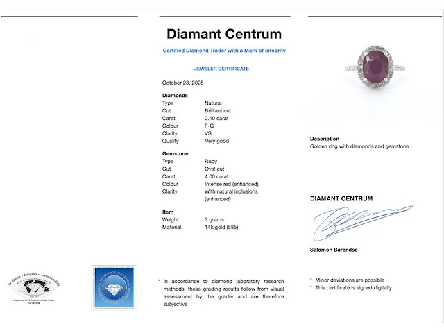 Witgouden entourage ring met diamanten en robijn - afbeelding 5 van  11