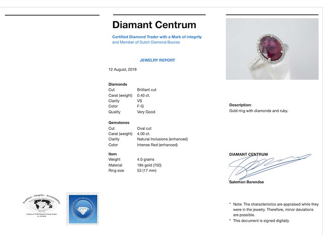 Witgouden entourage ring met diamanten en robijn - afbeelding 5 van  10