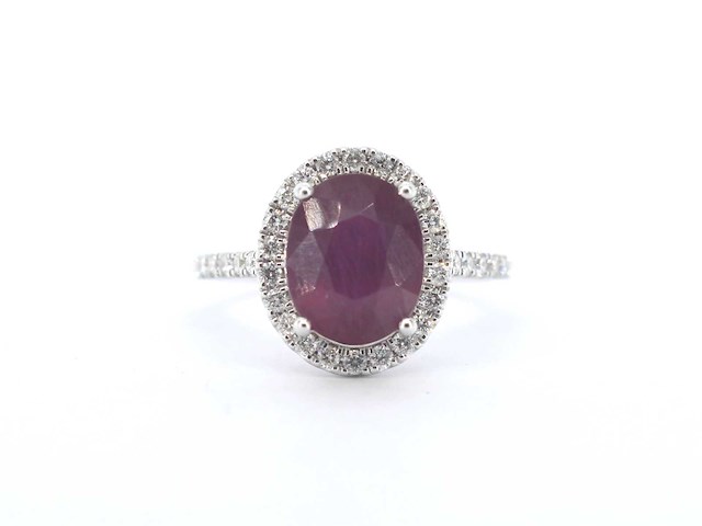 Witgouden entourage ring met diamanten en robijn - afbeelding 1 van  11