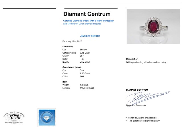 Witgouden entourage ring met diamanten en robijn - afbeelding 3 van  7