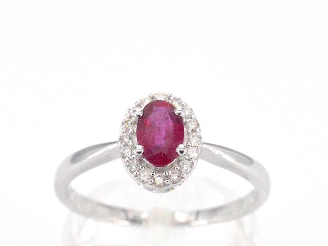 Witgouden entourage ring met diamanten en robijn - afbeelding 1 van  10