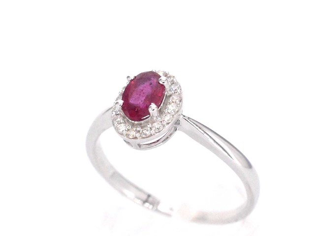 Witgouden entourage ring met diamanten en robijn - afbeelding 6 van  10