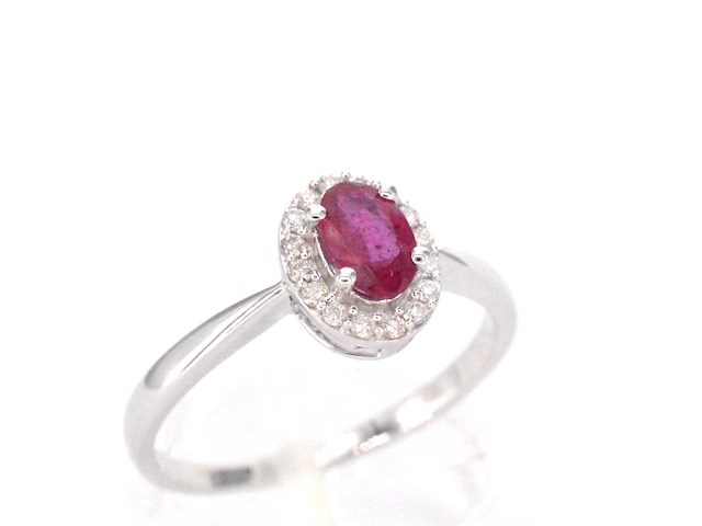 Witgouden entourage ring met diamanten en robijn - afbeelding 7 van  10