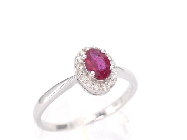 Witgouden entourage ring met diamanten en robijn - afbeelding 7 van  11