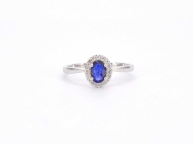 Witgouden entourage ring met diamanten en saffier - afbeelding 11 van  13