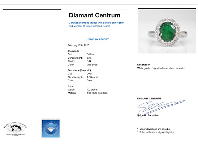 Witgouden entourage ring met diamanten en smaragd - afbeelding 3 van  9
