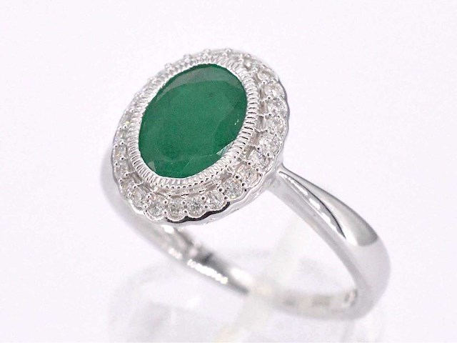 Witgouden entourage ring met diamanten en smaragd - afbeelding 5 van  9