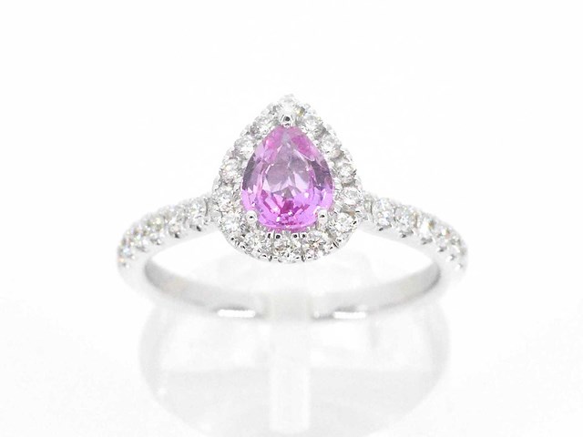 Witgouden entourage ring met een roze saffier - afbeelding 1 van  8