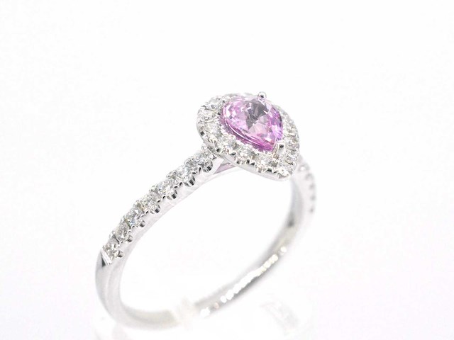 Witgouden entourage ring met een roze saffier - afbeelding 5 van  8